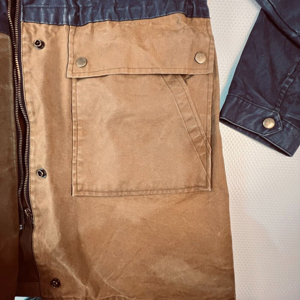 J.Crew Long Colorblock Field Jacket M Waxed Cotton Canvas Navy Tan Barn Chore Co - Picture 12 of 16
